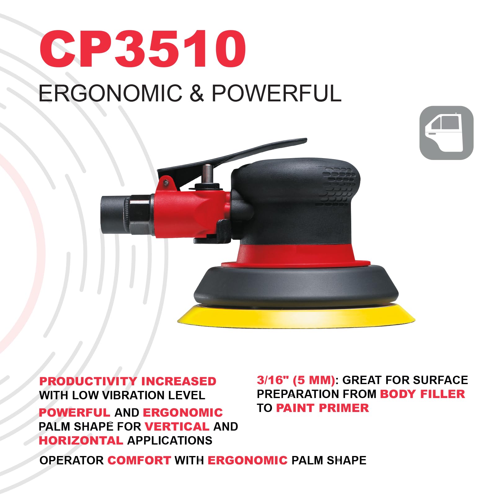 Chicago Pneumatic CP3510 - Lijadora orbital aleatoria de aire, mejoras para el hogar, herramientas de carpintería, pulidora, eliminación de óxido, resistente, sin vacío, gancho y bucle, 5 pulgadas
