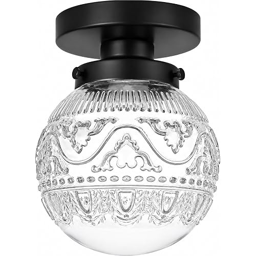 Daunton Semi Flush Mount Ceiling Light Fixtures, Vintage Globe Glass Ceiling Light Fixture, Antique Small Black Hallway Light Fixtures for Bedroom, Closet, Entryway, Bathroom, Kitchen