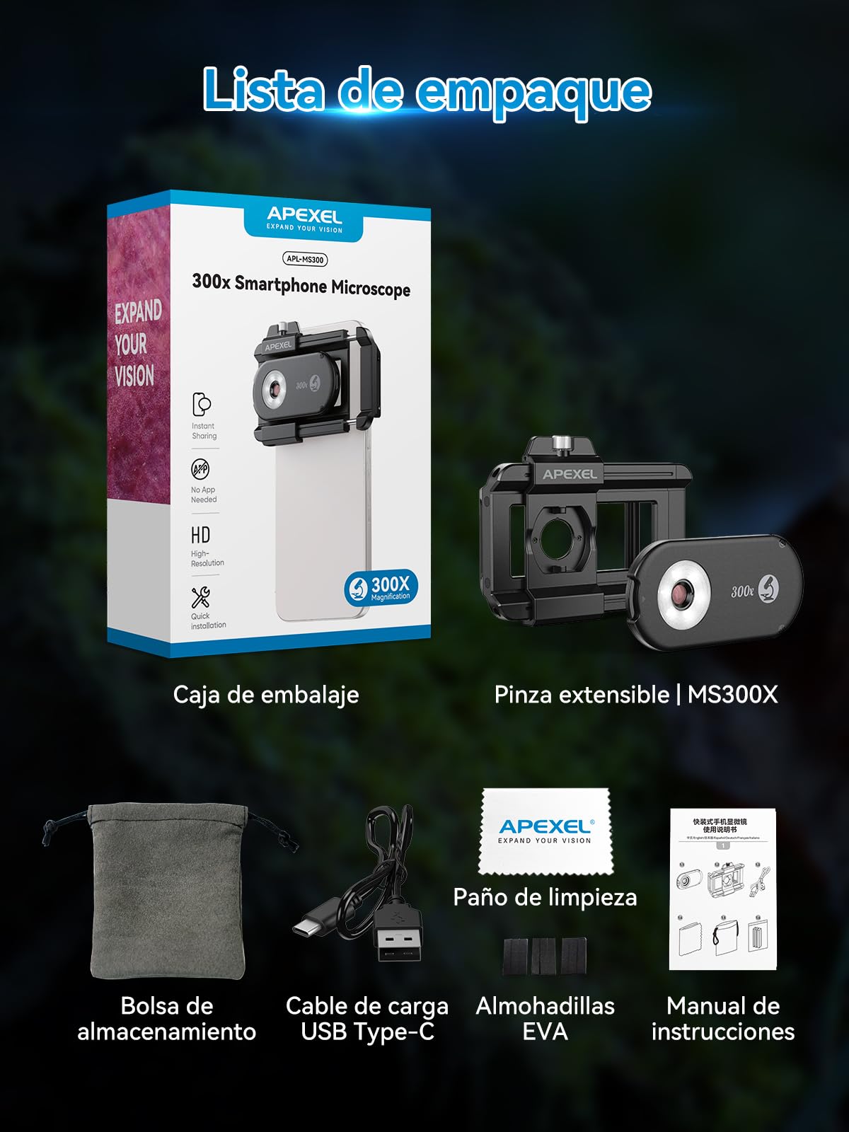 APEXEL Microscopio Portátil 300X para Smartphone - Explora el Micro Mundo