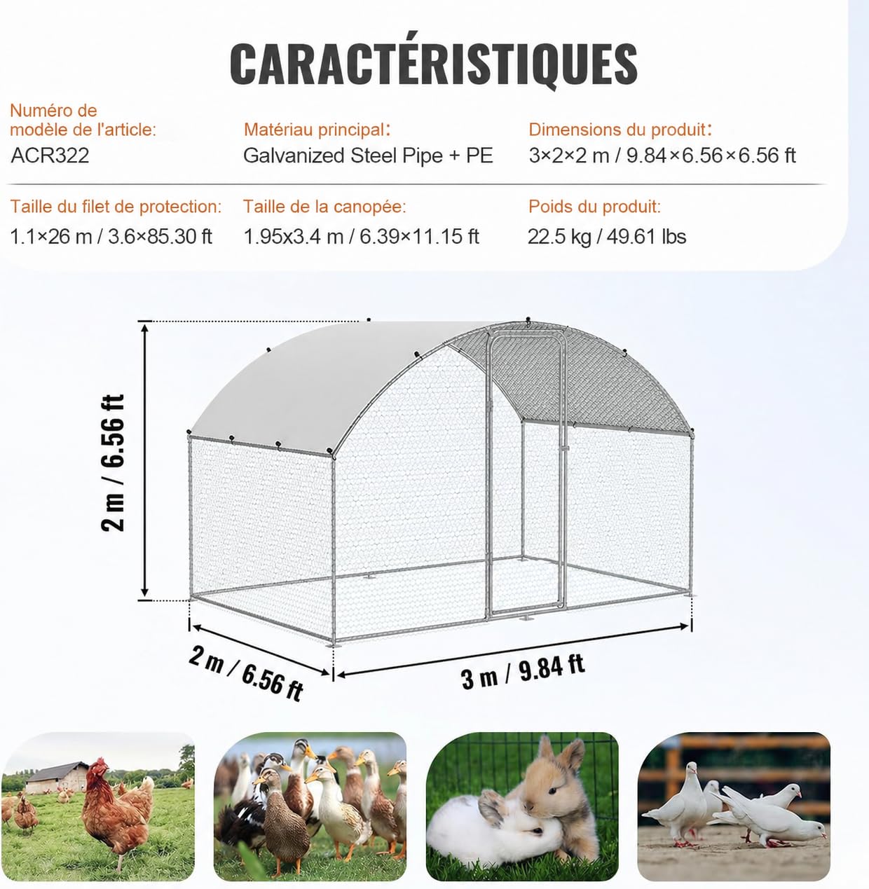Enclos Poulailler Extérieur 6 m² à Toit Arrondi en Acier Galvanisé avec Bâche PE Imperméable et Porte Verrouillable – Parc Grillagé pour Poules, Lapins et Petits Animaux – 2 x 3 x 2 m