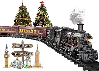 Electric Train Sets for Boys Girls Metal Alloy Christmas Trains Toys Steam Locomotive, Passenger Carriages, Tracks, Light & Sounds Rechargeable Birthday Gifts for Kids 3 4 5 6 7 8 + Years Old Red