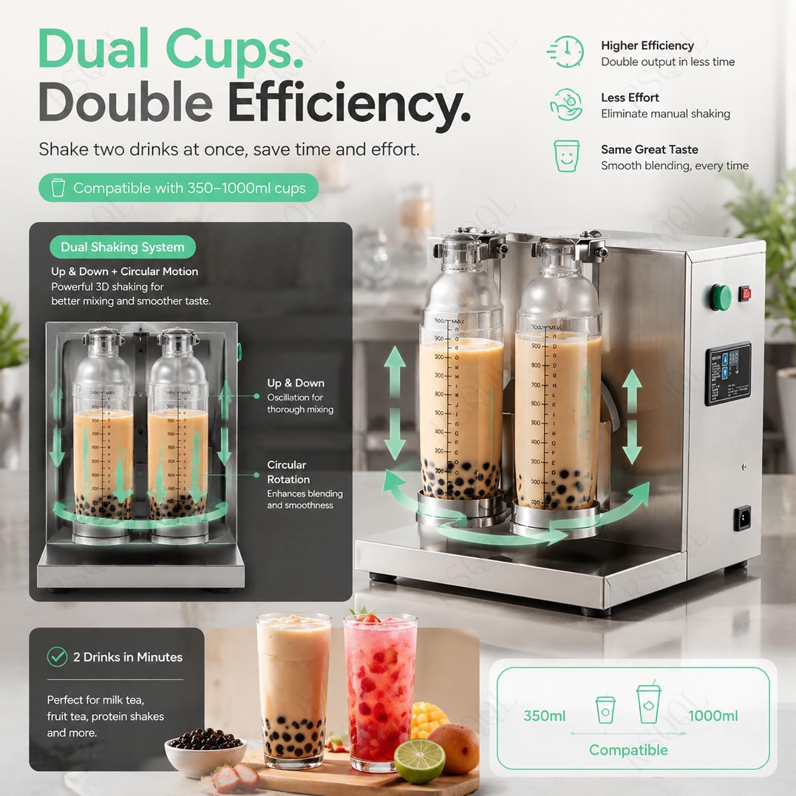Coctelera Boba de burbujas eléctrica de doble cabezal de 120W, acero inoxidable, temporizador ajustable, 340RPM, for mezclar bebidas comerciales