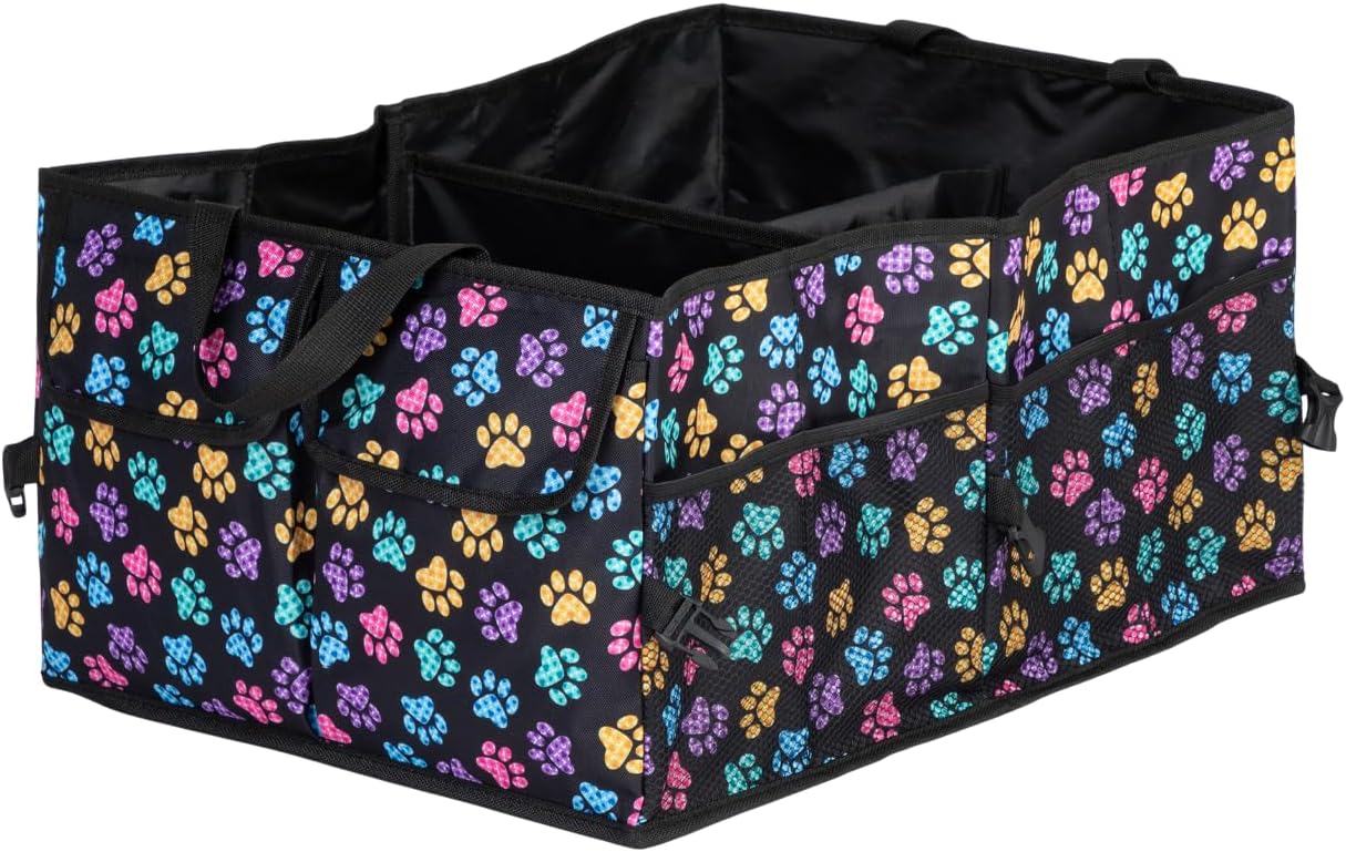 GreaterGood Collapsible Paw Print Car Trunk Organizer with 6 Pockets Truck SUV and Sedan Caddy With Compartment Vehicle Storage Container (Argyle Paws)