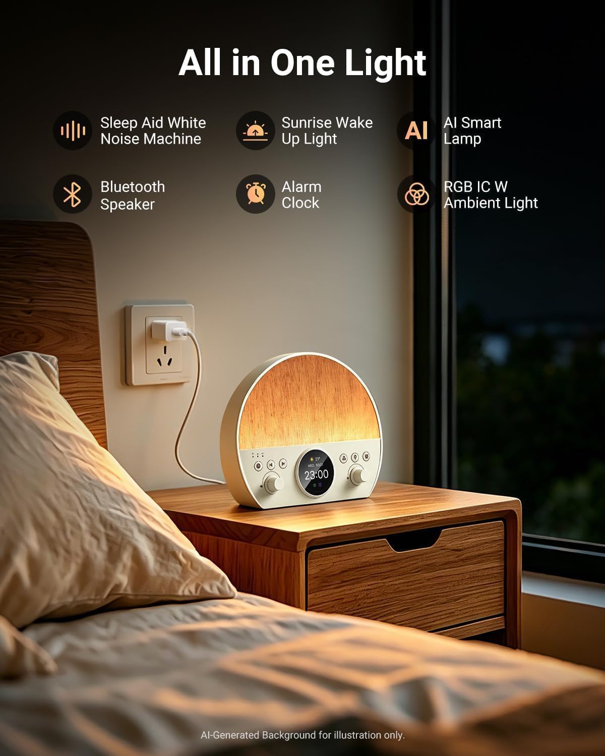 NEEWER NF03 Réveil Intelligent avec Lumière d'Éveil,Contrôle App IA, Lampe Lecture Nocturne RGBCW(2700-6500K),Minuterie,Générateur Bruit Blanc,Enceinte Bluetooth,Compatible avec Google Assistant Alexa