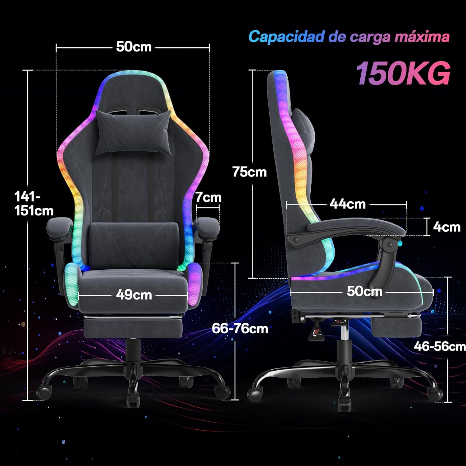 Diagram showing the dimensions of the JUMMICO Gaming Chair in centimeters, including seat width, backrest height, and overall height adjustment range. Maximum load capacity is 150 kg.