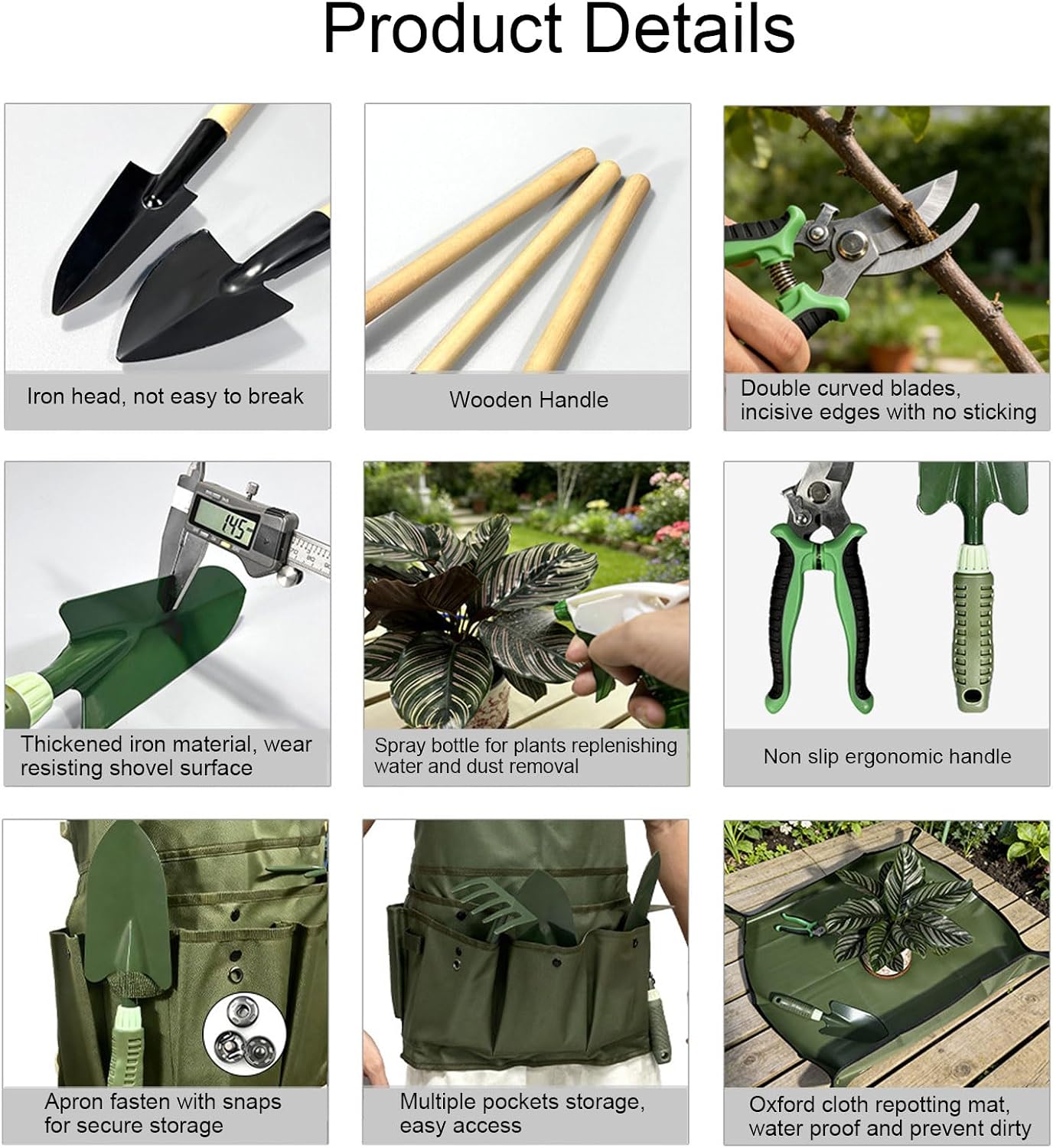 Hilitand Gardening Tool Set, 9 Pieces Heavy Duty Hand Tools with Fashion and Durable Garden Tools Organizer Handbag,Watertight Apron and Matfor Gardening, Weeding