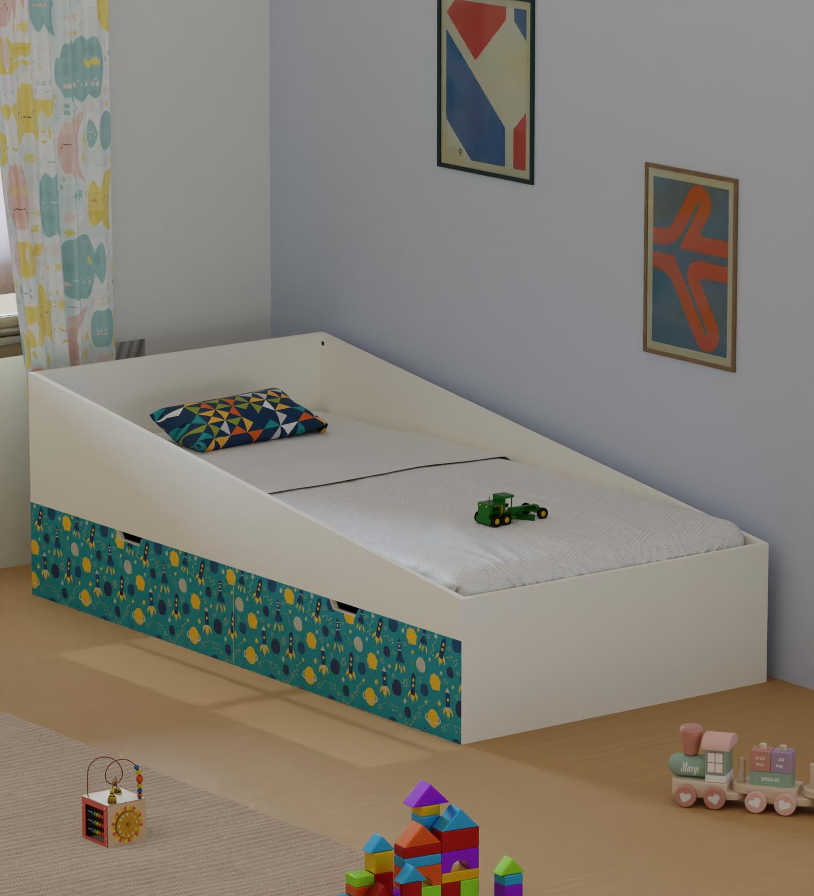 Boingg Ramp Up Engineered Wood Modern Kids Bed for Kids | White Rockets Theme | Single Size | with Safety Guard Rails & Fun Play Design | Age 3–10 Years | 100 kg Capacity-image-9