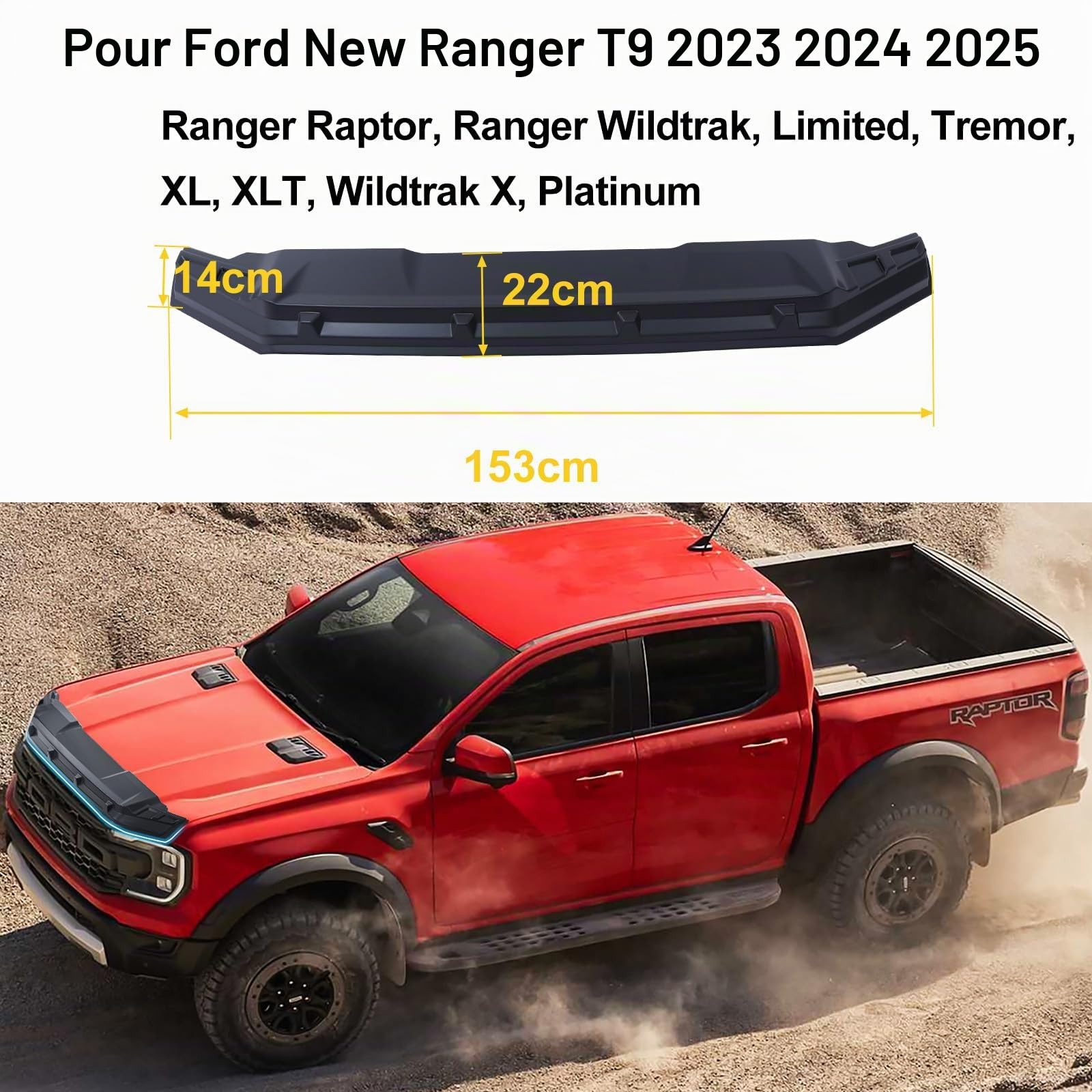 Protection contre les éclats de pierre et déflecteur d'insectes pour Ford Ranger 2023-2026 T9 Raptor Wildtrak X Wildtrak Platinum XL XLT Limited Tremor, protection de capot en ABS mat noir