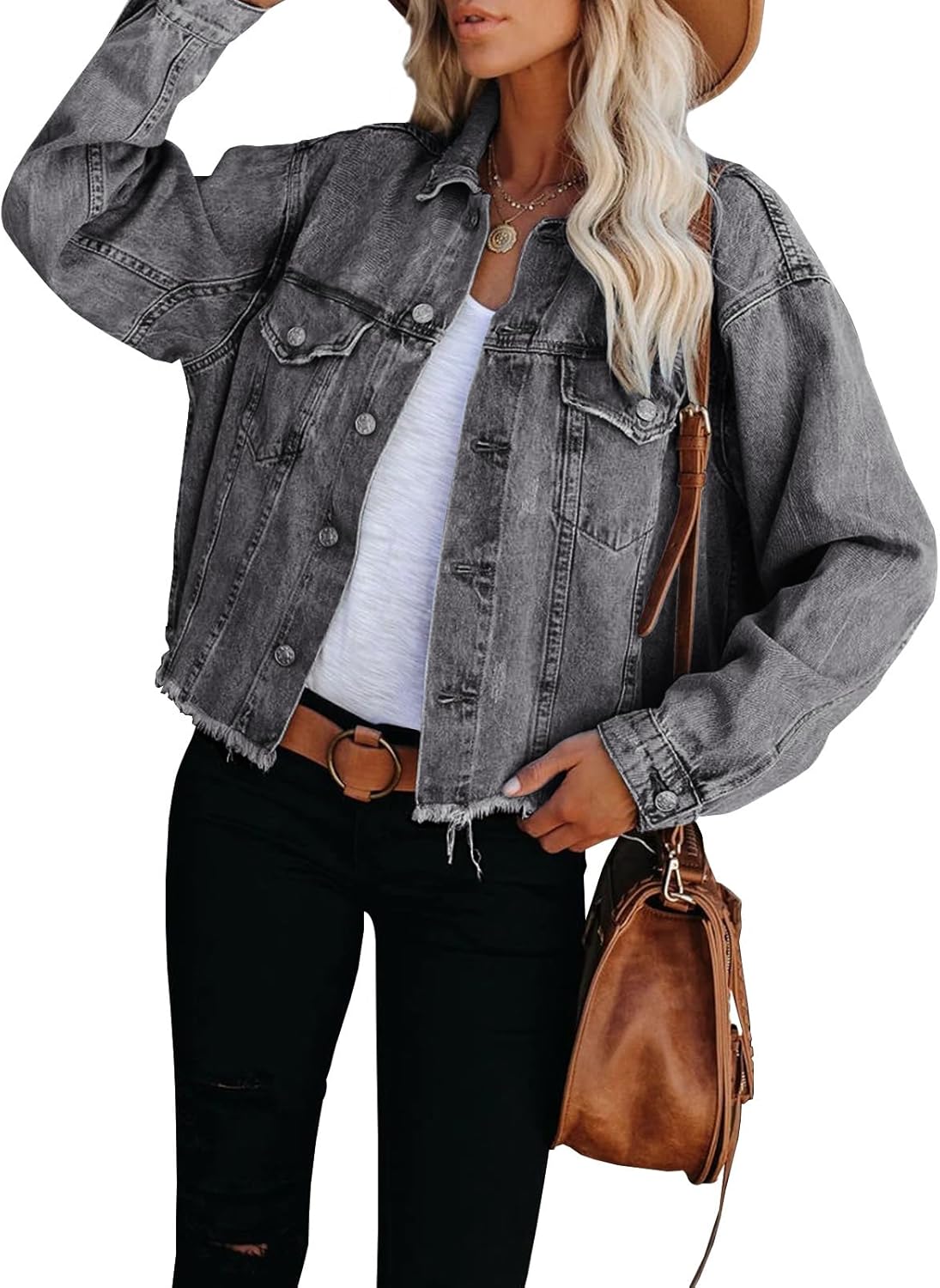 LONGBIDA Women's Jean Jacket Frayed Washed Button Up Cropped Denim Jacket With Pockets - Image 2
