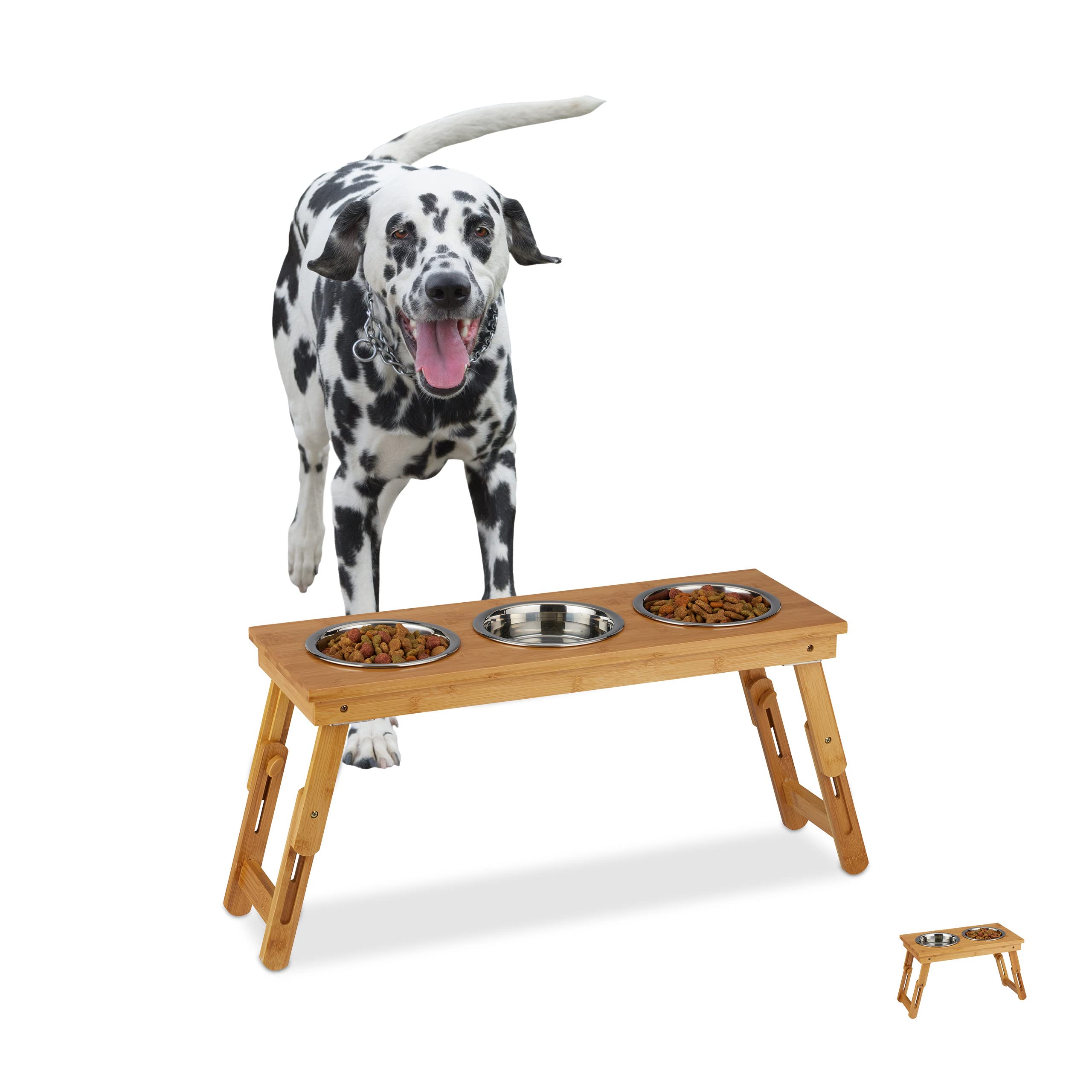 Relaxdays Comedero Bebedero Perros, Soporte Elevado Plegable, Bambú-Acero Inoxidable, 1 Ud., 31x70x23 cm, Marrón