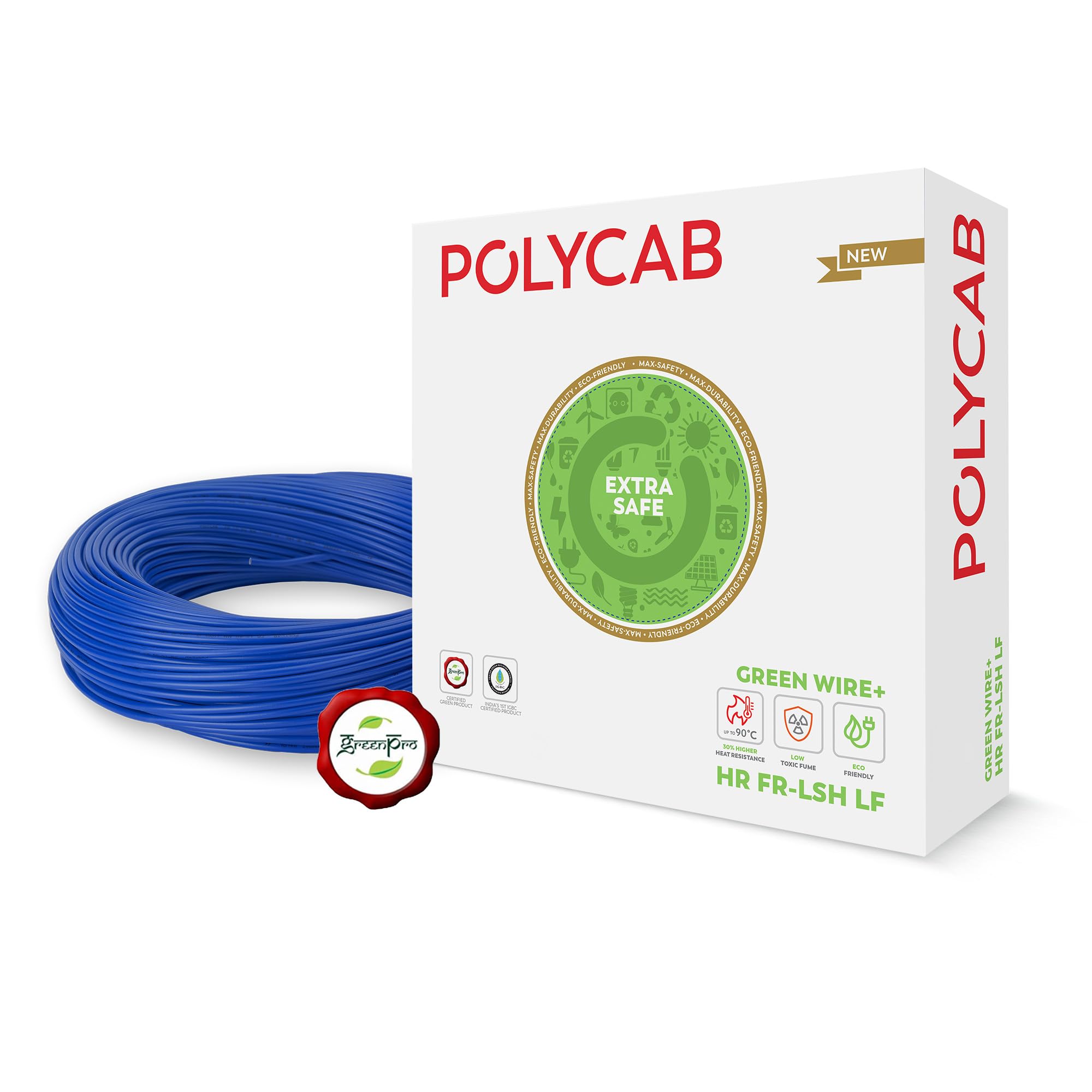 Polycab Green Wire+ 90M coil |4 SQ MM|Heat resistant upto 900 C | Low smoke | Low toxic fumes | GreenPro certified | 99.97% high purity copper | Rodent protection | Eco friendly (Blue) discount deal