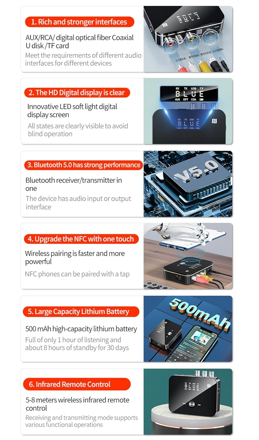 Bluetooth 5.0 Receiver and Transmitter, NFC-Enabled Wireless Adapter for Music Streaming Sound System Car Aux Home TV Stereo Smart Phones Tablets and Speakers aptX Low Latency & HD Audio image 6 of 8 B0D7PP9MHB