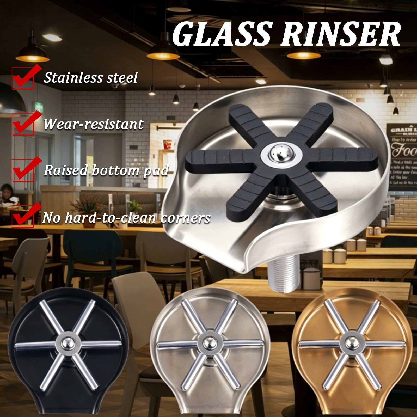 Enjuagadora de jarra Lavadora de alta presión de acero inoxidable Enjuagadora de vidrio Enjuague de 360 ​​​​grados Barra automática Fregadero con rociador Accesorio(Black - Metal)