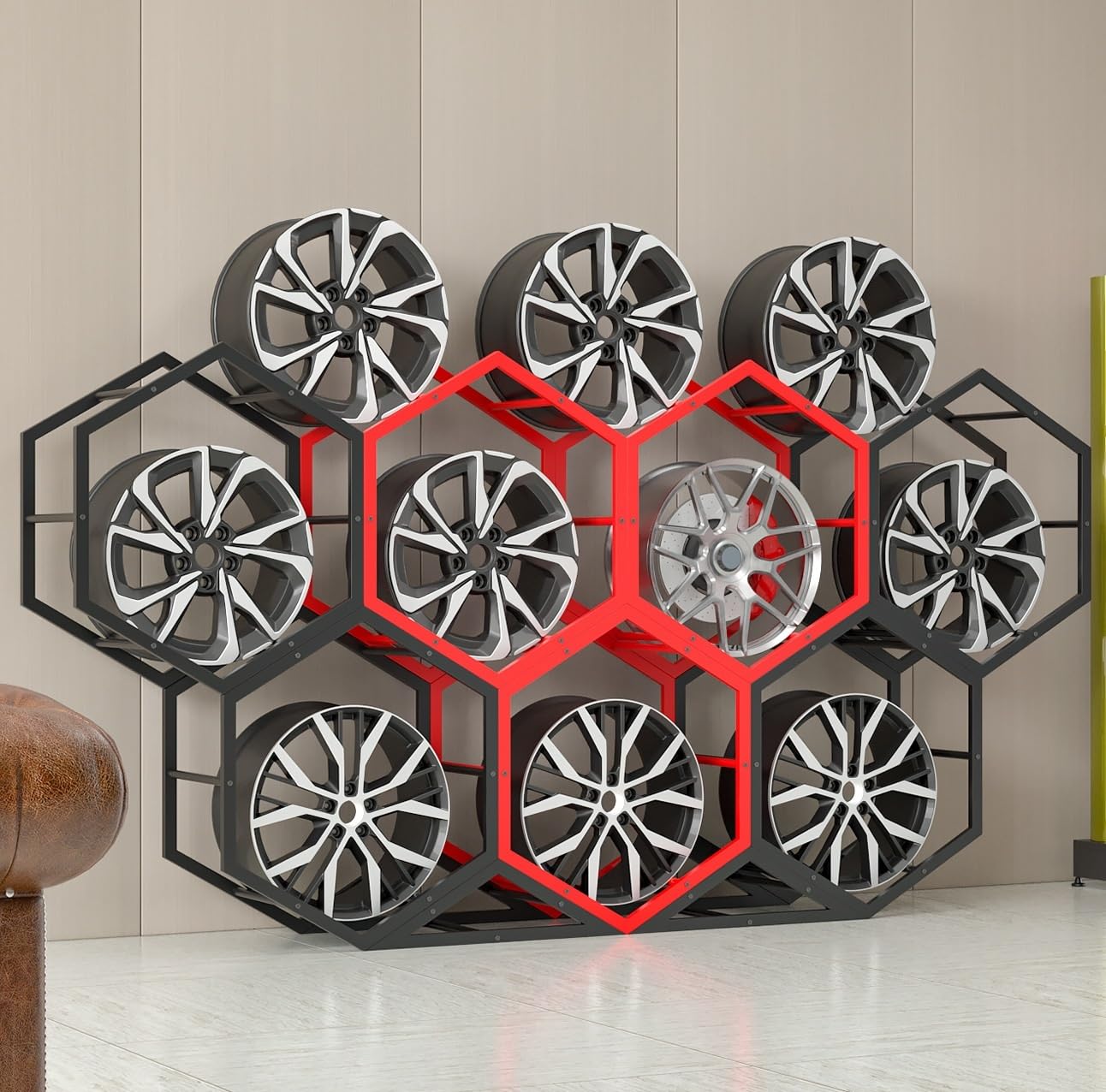 CGCSYZ Rims Tire Rack for Garage, Hexagon Display Rack, Steel Spare Tyre Organizer, Wheel Organizer Holder (E)