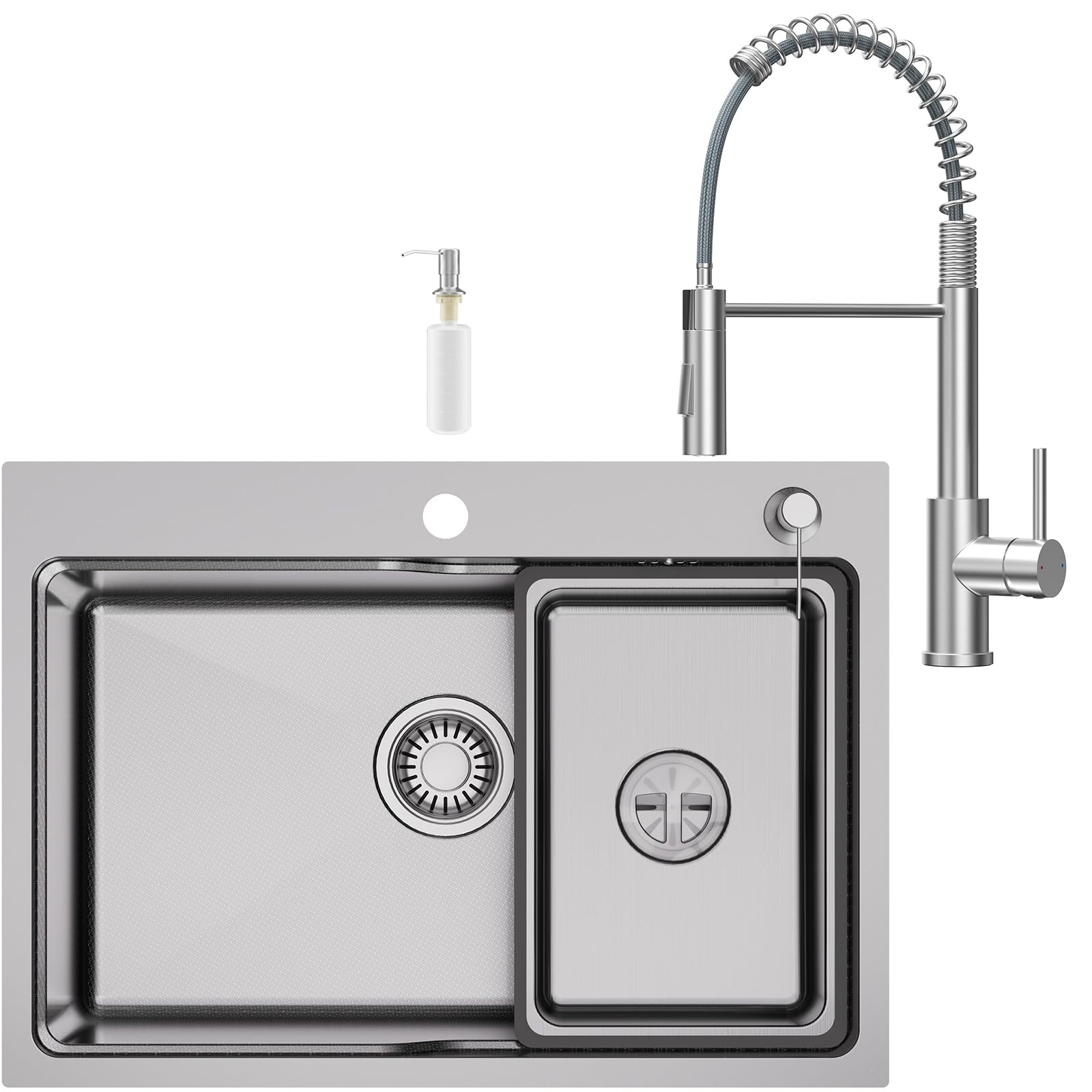 CECIPA Fregadero de cocina con arco de 68 x 48 cm, grifo de cocina con muelle, fregadero de cocina de 1 seno de acero inoxidable con dispensador de jabón para mueble de 70 cm