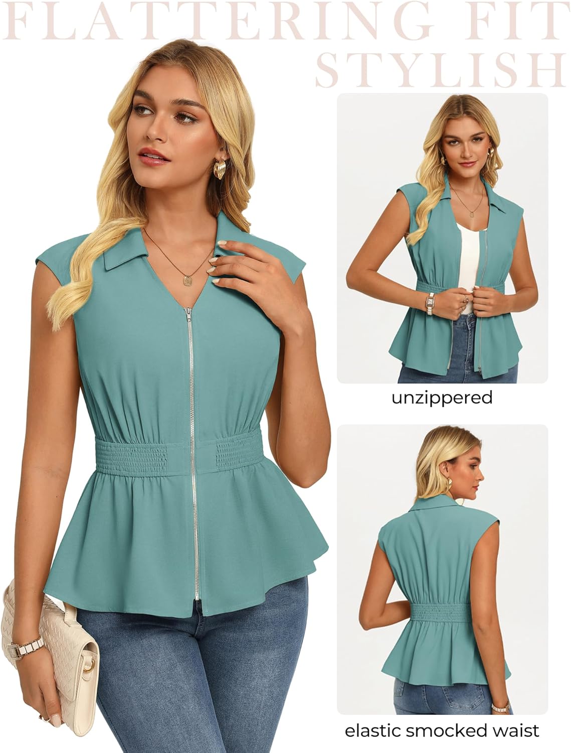 GRACE KARIN Womens Peplum Tops Business Casual,Dressy Work Blouses Short Sleeve,Zipper V Neck Shirts Cinched Smocked Waist - Image 3