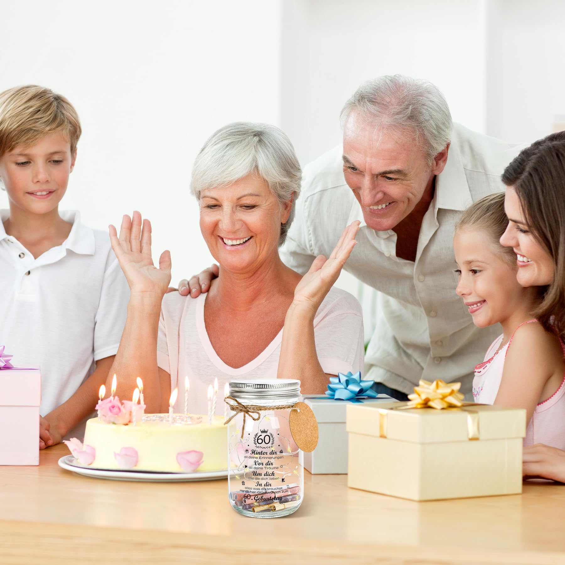 LURICO Regalo per il 60° Compleanno, Luce a LED per Bottiglie, Bottiglia di Vetro a LED con Tappo, Regalo di Compleanno per Uomo e Donna, Natale Bottiglia di Vetro illuminata con Augurio