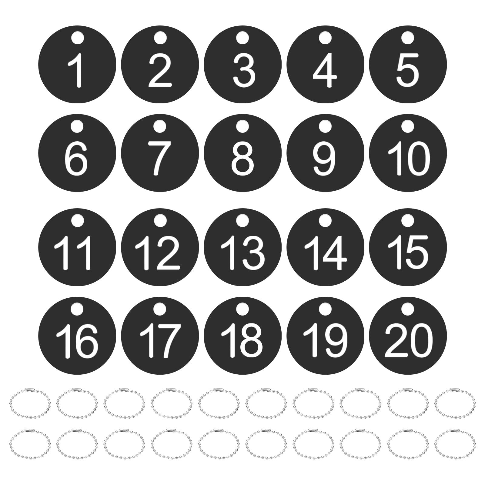 PATIKIL 1-20 Number Tags, 20Pcs Round ID Number Key Tags Plastic Numbered Keychain with Key Rings for Luggage Lockers Organizer Field Sales Hangers Clothes Labels, White-Black