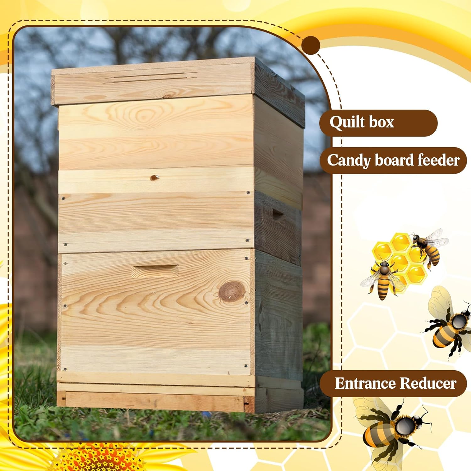 10 Frame Beehive Kit Include Quilt Box Candy Board Beehive Screened Bottom Board Dipped in 100% Beeswax Combo Beekeeping Equipment for Bee Feeder Winter Assembled