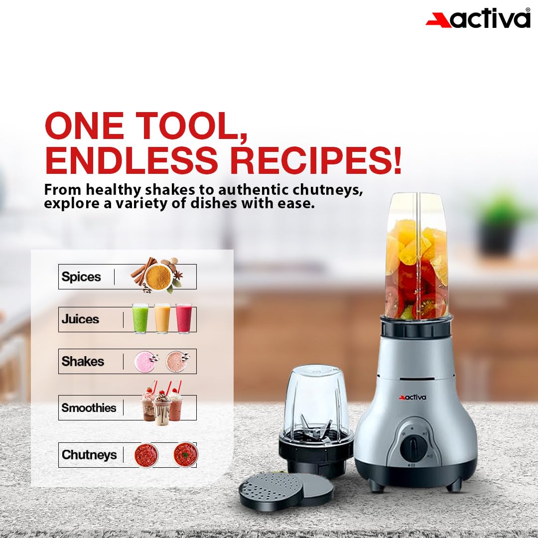 ACTIVA Easy Mix Nutri 2 Jar Mixer Grinder Powerful 500 Watt Motor | Long Lasting Shock Proof Abs Body | Heavy Duty Motor With Nano - Grinding Technology, Black come with 2 year warranty 4