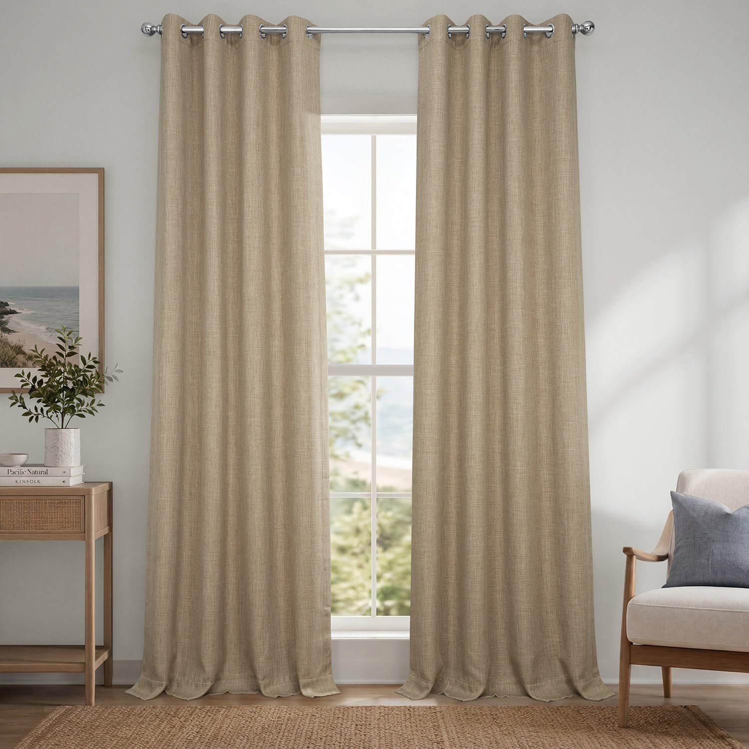 Grommet Faux Linen Curtains for Living Room (1 Panel) 50W X 84L, Nomad Tan