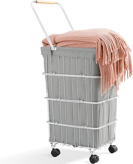 APEXCHASER Laundry Hamper, Large Laundry Basket with Wheels and Handle, Metal Frame Clothes Hamper for Bedrooms, Tall Laundry Bin with Cloth Covers, Grey