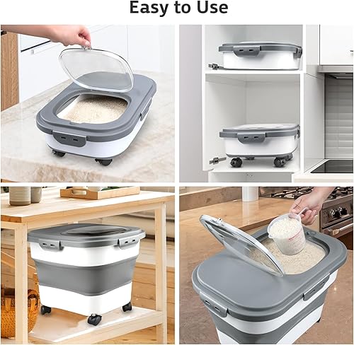 Miniatura 3 de Komzon Contenedores de almacenamiento de arroz, dispensador plegable de 10 a 30 libras de almacenamiento de alimentos con tapa transparente, ruedas