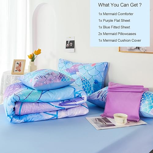 Miniatura 6 de URBONUR Juego de edredón de 6 piezas de cola de sirena, tamaño matrimonial, juego de ropa de cama de escamas de sirena para niñas, color degradado,