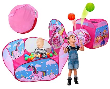 Toys Uncle 3-in-1 Tunnel Ball Pool Tent, Fold-able, Outdoor Tent House, 25 Balls Included (Unicorn)
