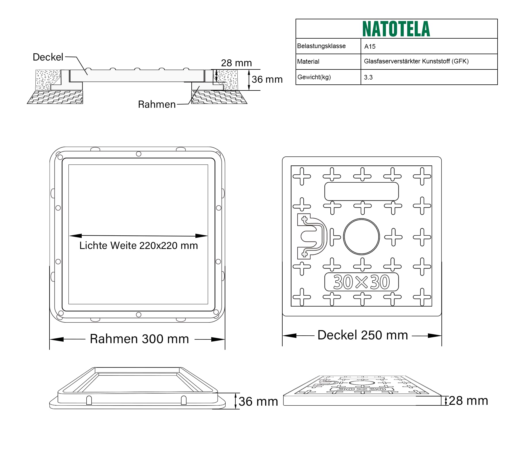 GFK-Schachtabdeckung mit Rahmen Griff 300x300 mm A15 Begehbar Schachtdeckel Kanaldeckel Revisionsschacht für Gehweg Grünfläche UV-Beständig Frostbeständig Korrosionsbeständig Rutschfest Grau