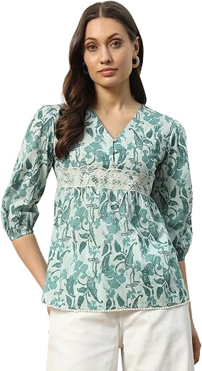 FIORRA Women's Sky Blue Cotton Top with Lace Detail and Printed Pattern