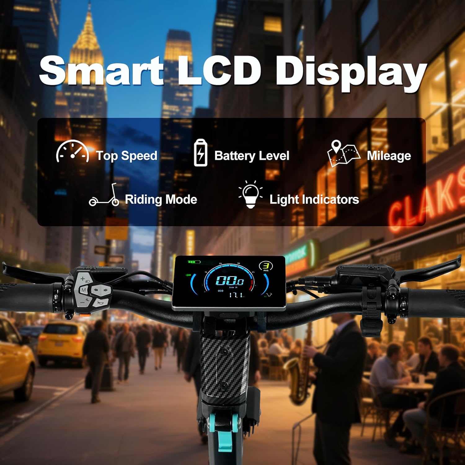Close-up of the Scoothop BE-3's smart LCD display, showing indicators for top speed, battery level, mileage, riding mode, and light indicators.