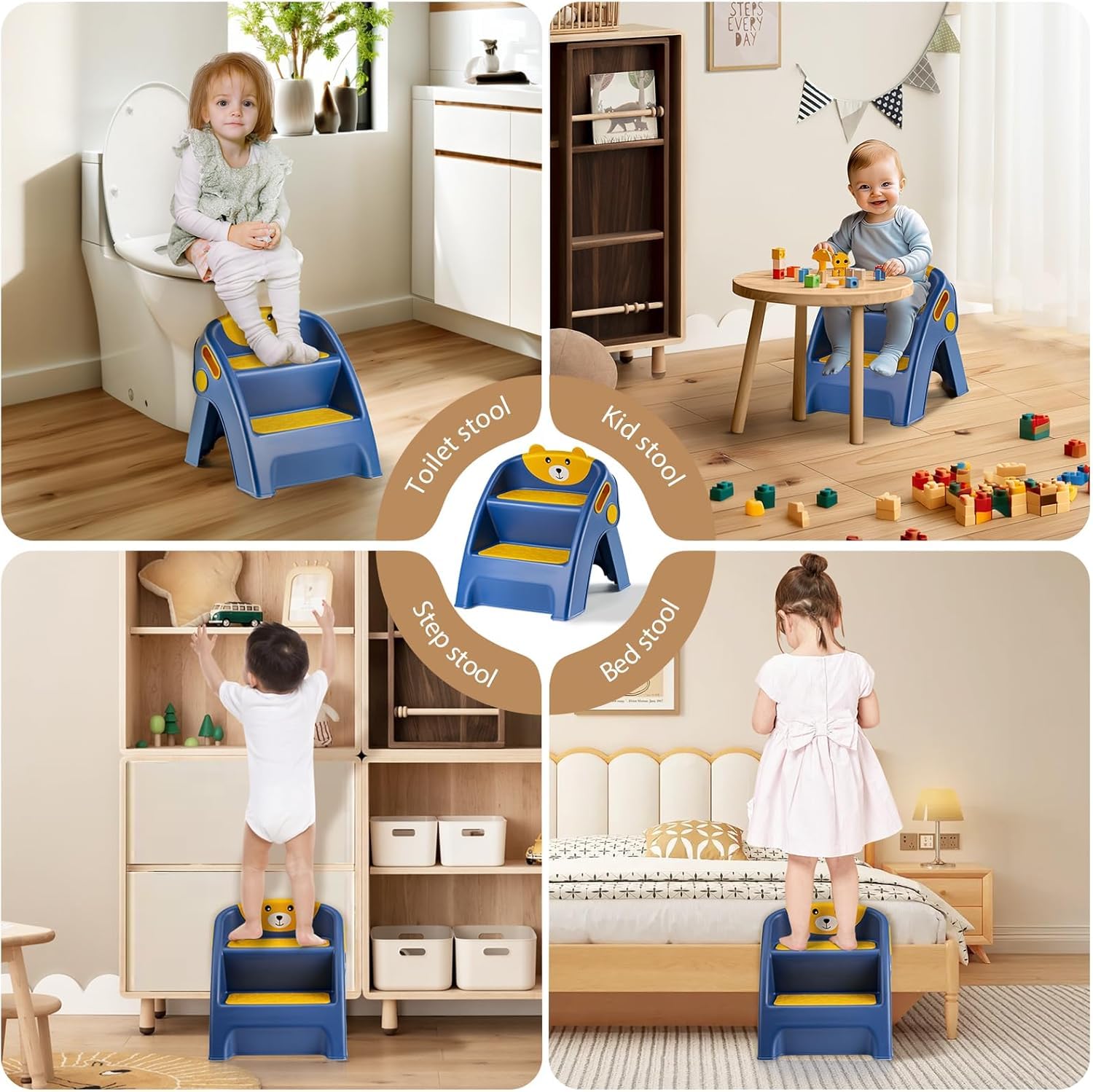 Foldable Toddler Step Stool for Potty Training、Bathroom and Bedroom,13.8 Inch Portable Non-Slip 2 Step Stool,A-Frame Stable Kids Step Stool with Safety Lock Dark Blue with Sink Extender