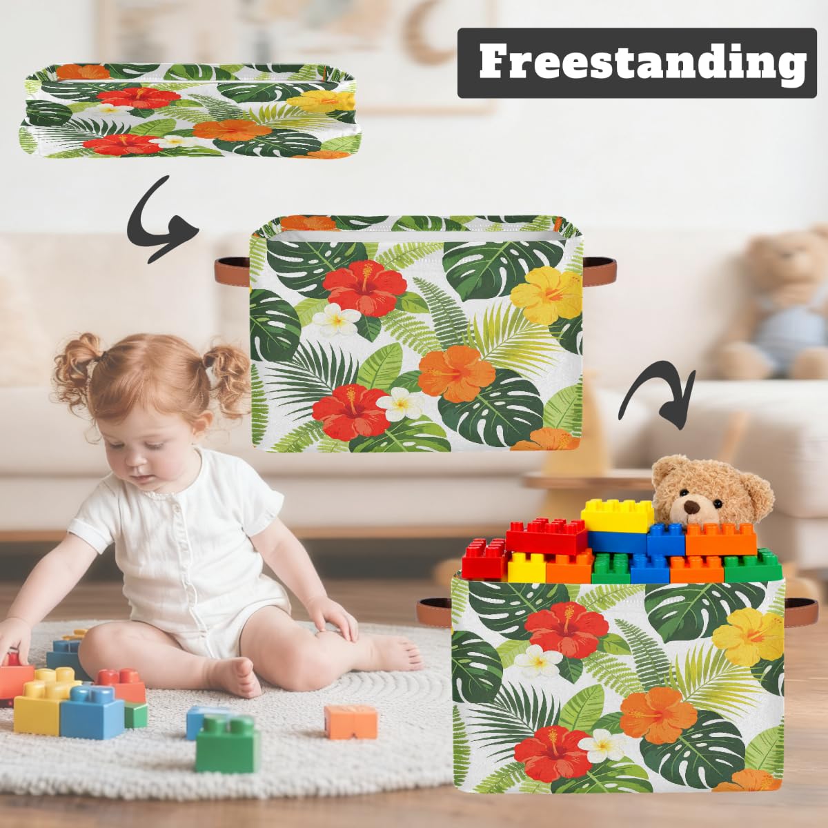 Bunter Hibiskuspalmenblätter, rechteckiger Aufbewahrungskorb mit Ledergriffen, faltbarer Stoff-Aufbewahrungskorb für Schrank, Badezimmer, Wohnzimmer, Büro, Spielzeug, Organizer, Wäschekorb, 2