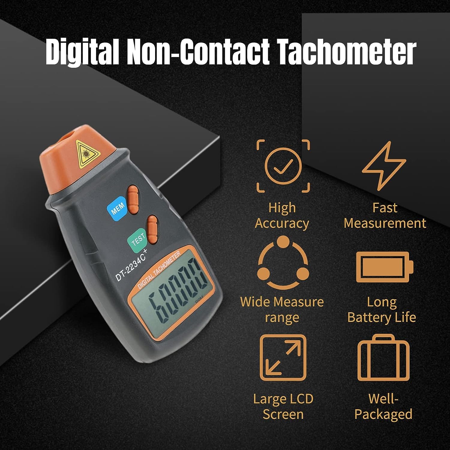 Tachymètre Numérique Compte-tours Digital Professionnel Écran LCD Tachomètre Testeur Compteur de Tours Autochange avec Batterie Résistant 6F22 9V Sans Contact RPM Tach