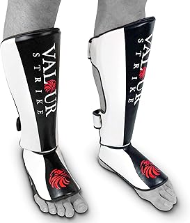 Valour Strike Shin Guards for Kickboxing Muay Thai MMA Karate Martial Arts Taekwondo or Kick Boxing | Sparring Pads to Guard Leg Foot & Instep | Protective Equipment for Safe Support in Training