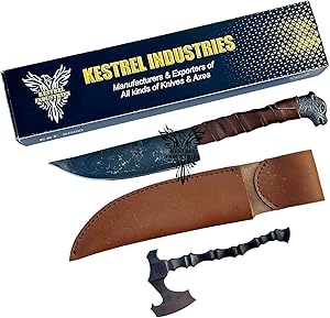 Custom Handmade Viking Carbon Steel Wolf Head Knife with Pure Cowhide Leather Sheath, Viking Carbon Steel Knife with Wolf Head Hilt, Viking Axe Bottle Opener, Axe Beer Bottle Opener Included (KIW-103)
