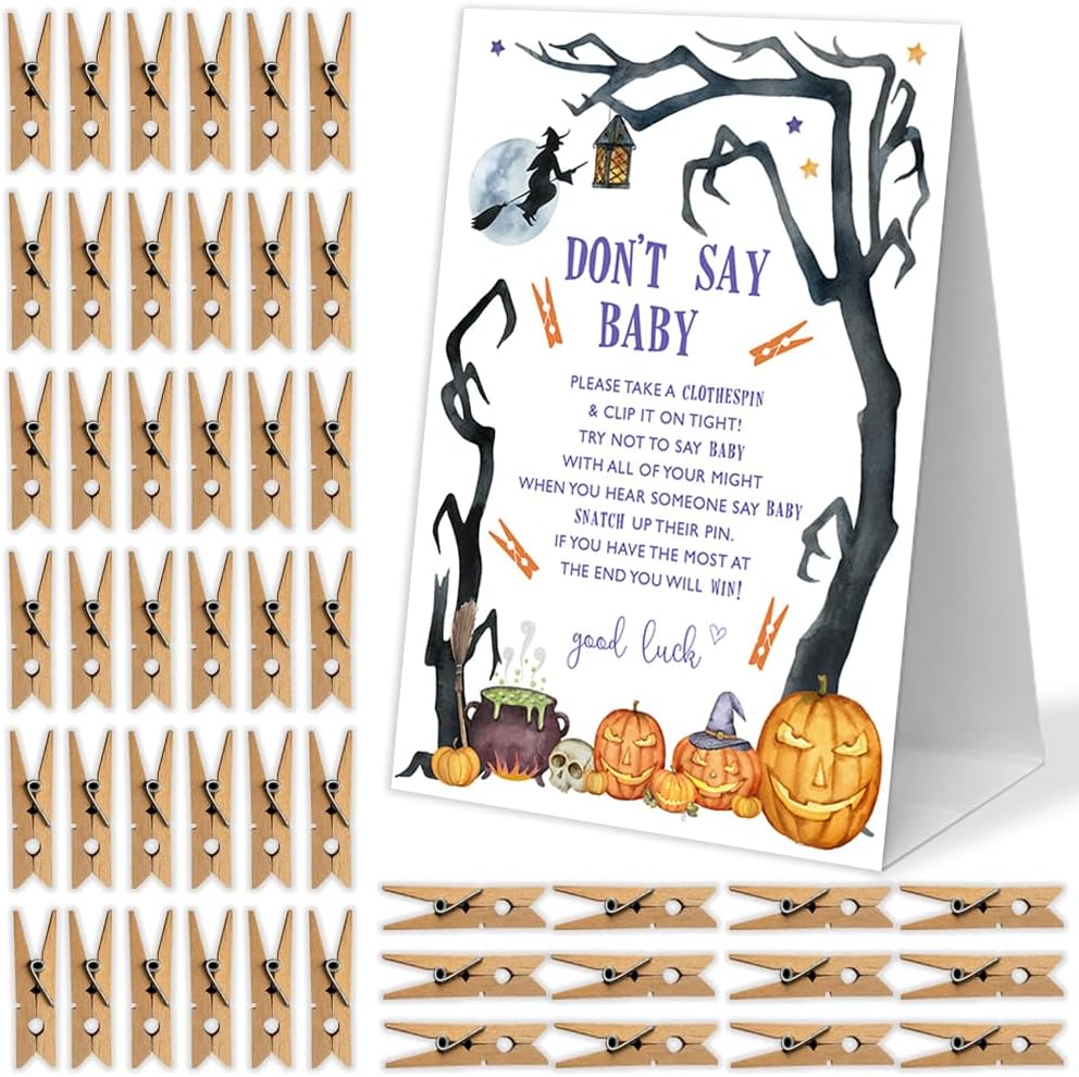 Don't Say Baby Clothespin Game, 1 Sign and 50 Mini Clothespins, Halloween Baby Shower Decorations, Baby Shower Games, Gender Reveal Games, Gender Neutral Baby Shower Supplies-A12