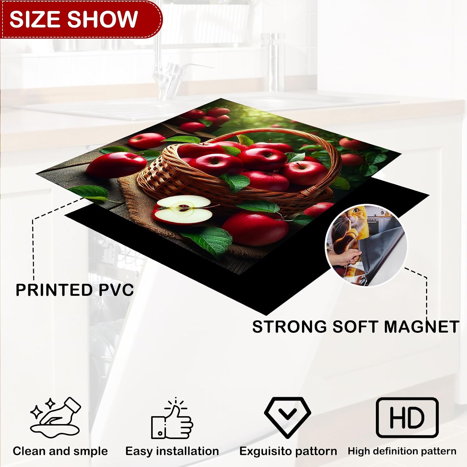 Nuxovilar Dishwasher Magnet Cover, PVC (25.59×23.03inch): Dishwasher Magnet Decorative Cover with Red Apple Pattern for Kitchen, Dining Table & Pantry