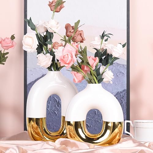 Miniatura 4 de Juego de jarrón blanco y dorado para decoración del hogar, florero redondo de cerámica para pasto de pampa para decoración de estantes del hogar,