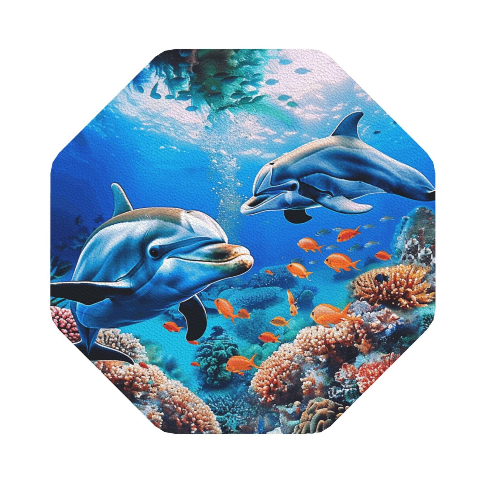 Beautiful Underwater World Dolphins Coral Print Leather Coaster Set of 6, Octagon Coasters Table Decorative Coffee Cup Beverage Coasters Wine Beer Bar Coasters for Hot Drinks Table Protection