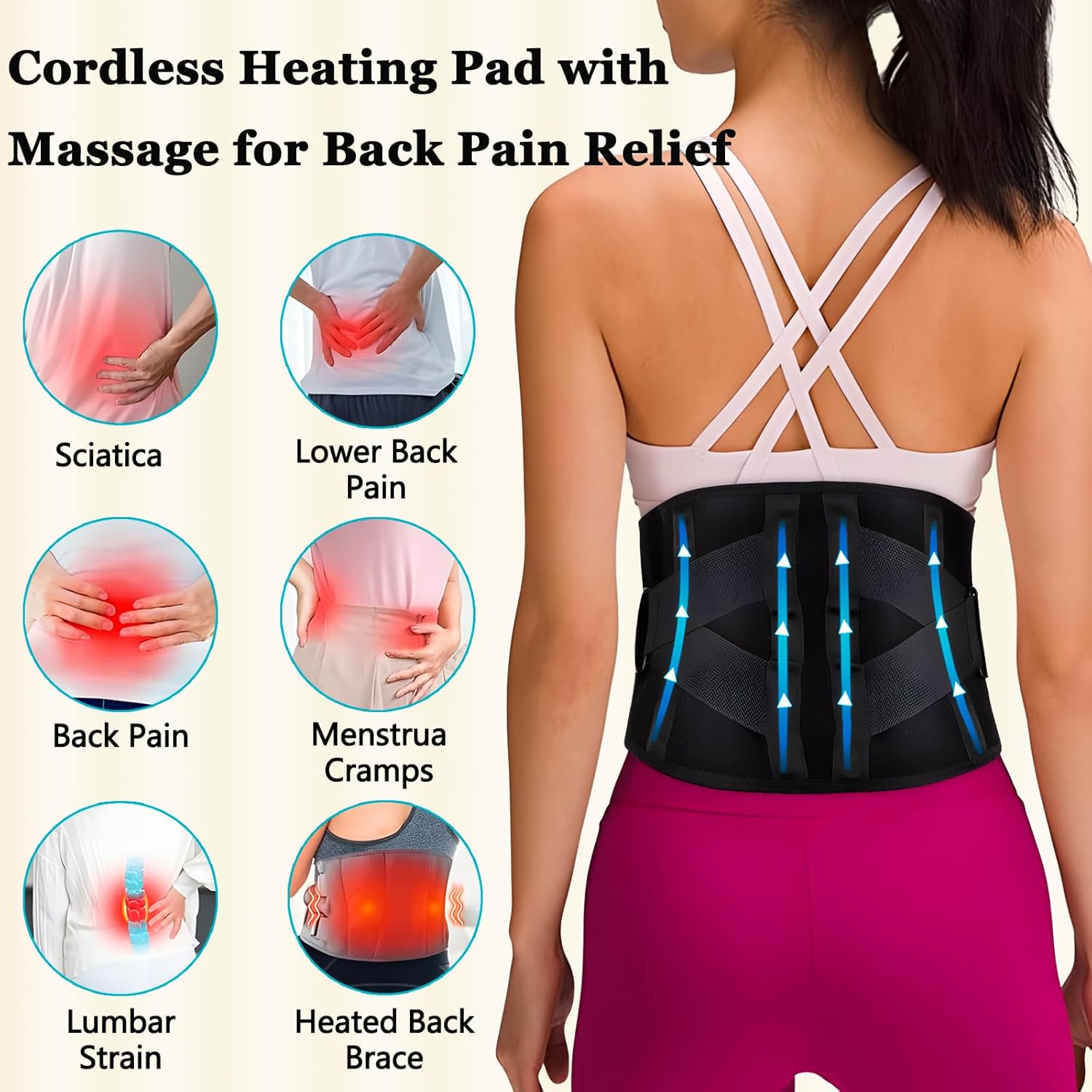 Cordless Heating Pad with Massager, Back Brace Heating Pad for Back Pain Relief, Heated Back Support Belt with 3 Heating & Vibration Modes, Rechargeable Low Back Massager for Women Men Black