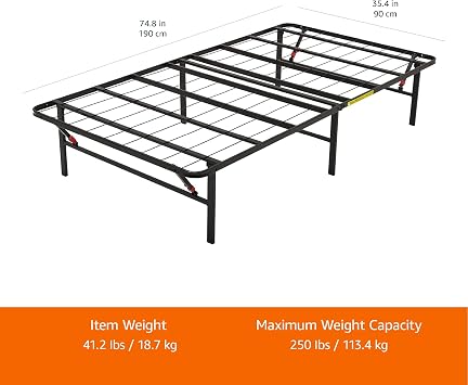 Amazon Basics Single Foldable Platform Bed Frame with Steel Slats, Tool-Free Assembly, Under-Bed Storage, 90 x 190 X 35.5 cm, Black