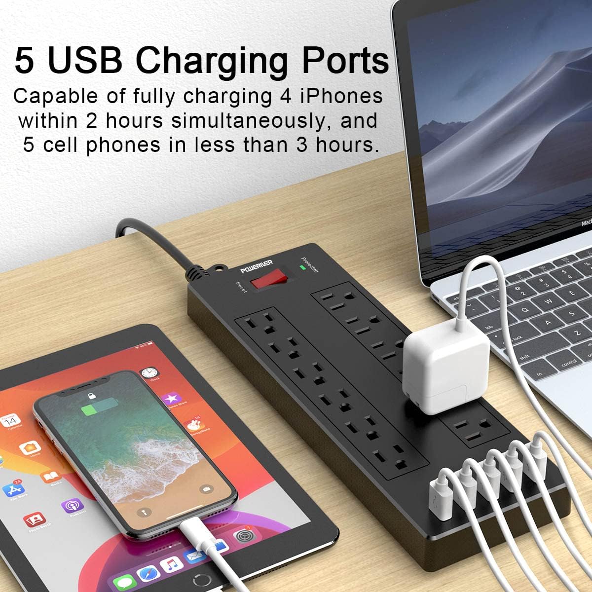 Surge Protector, POWERIVER Power Strip with 12 Outlets and 5 USB Ports(Total 4.2A), 6 Ft Extension Cord(1875W/15A), Multiplug for Multiple Devices Smartphone Tablet Laptop Computer, ETL Listed-Black