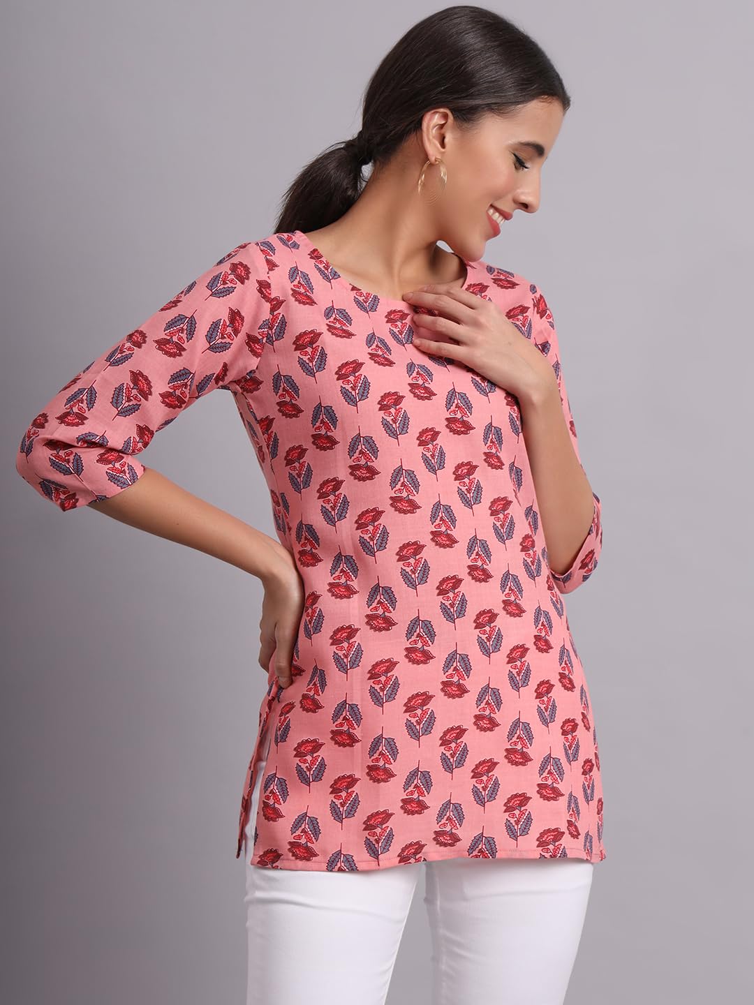 Patlani Women's Cotton Printed Short Fullstitched Kurti/Kurtas. Pink