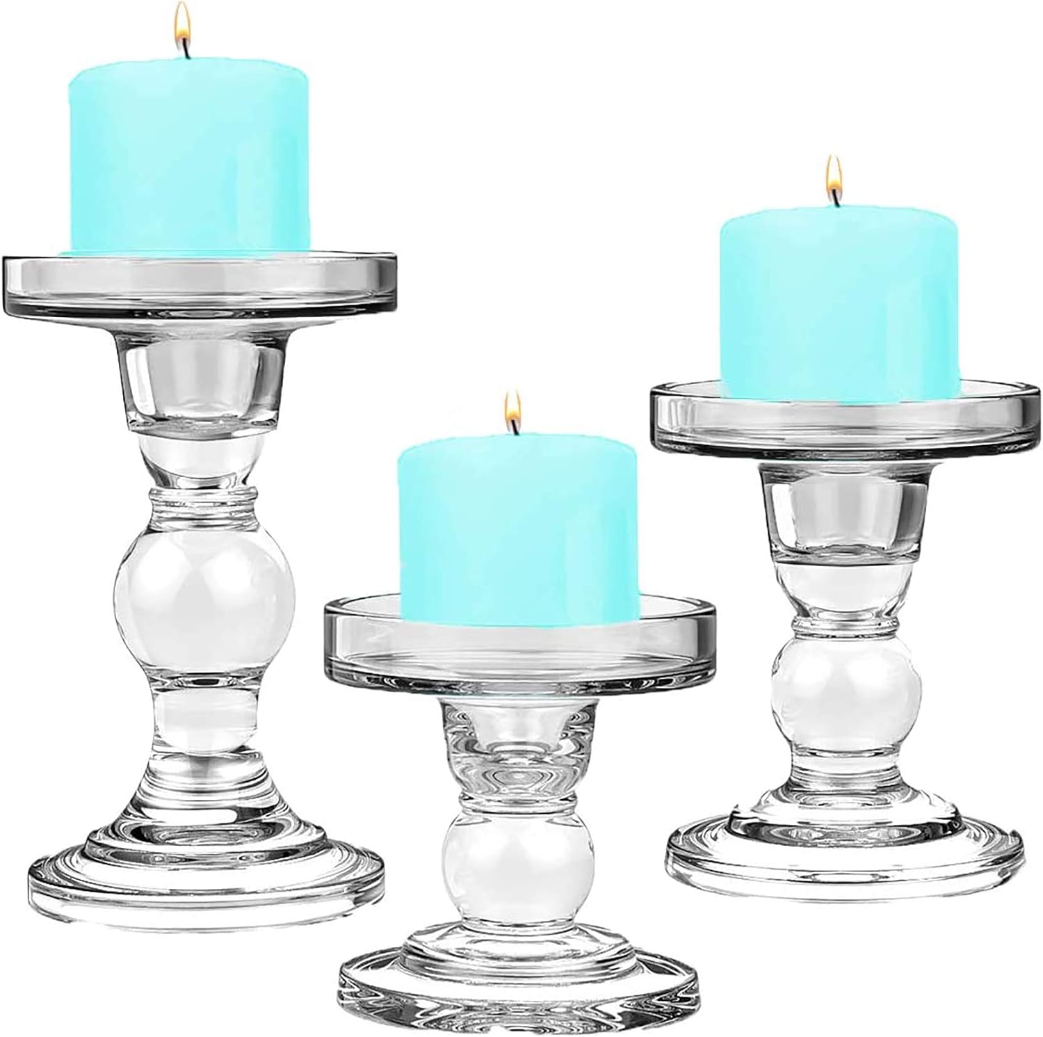 CYS EXCEL Glass Candle Holder Sets (D-3.5" H-3.5" | 4.5" | 5.5")(Set of 3) Glass Pillar & Taper Candle Holders Wedding Centerpieces Candlestick Holder, Clear