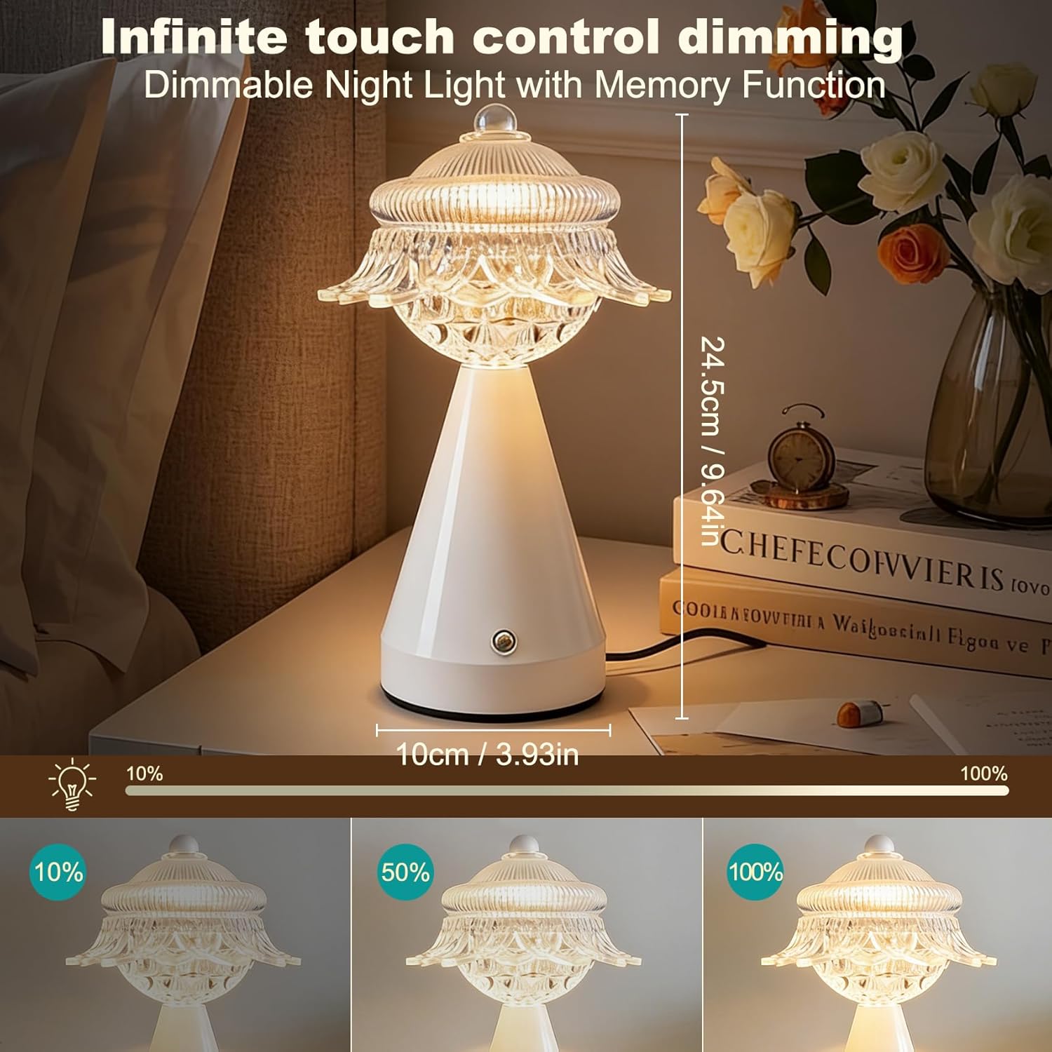 Touch Table lamp, LED Bedside lamp with Three-Color Adjustment, Battery-Powered Crystal lamp, Suitable for Bedroom, Dining Room, and Kitchen Home Decoration (Pagoda)