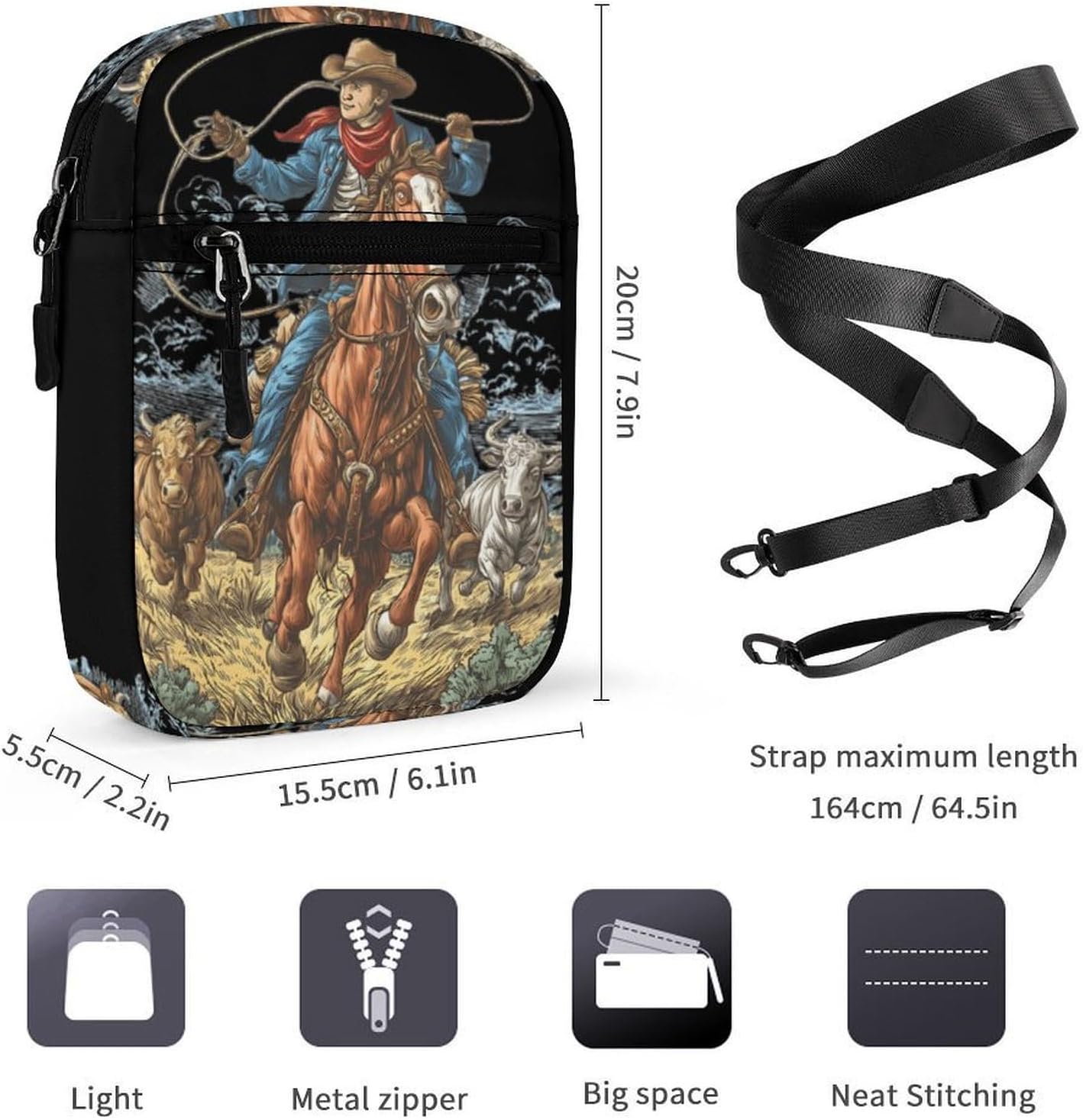 Cowboys on Horseback Small Crossbody Bag Sling Shoulder Satchel | for women men,work travel workout,detachable and adjustable shoulder strap