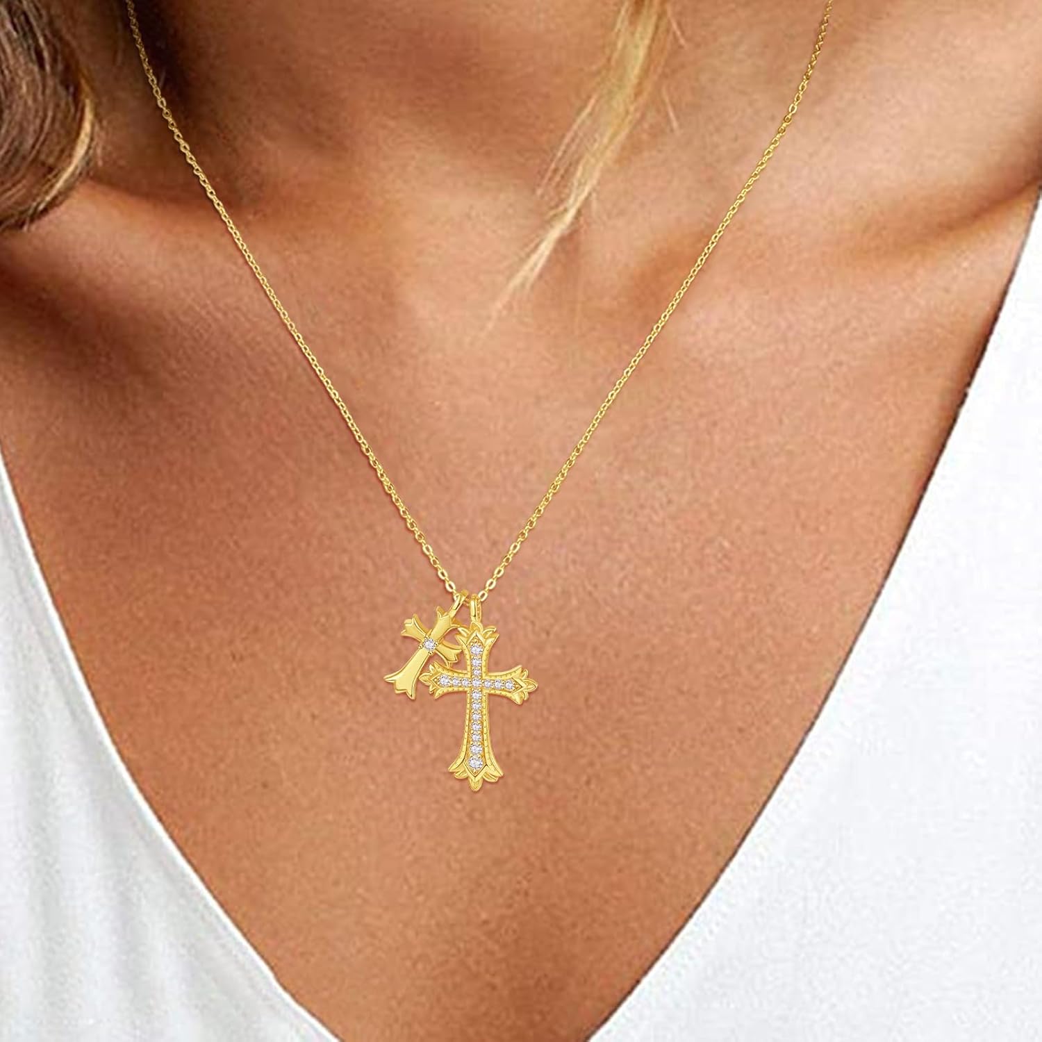 AENEAS Double Cross Necklace for Women Sterling Silver Gold Filled Cross Pendant Crucifix Religious Faith Jewelry Gift for Women