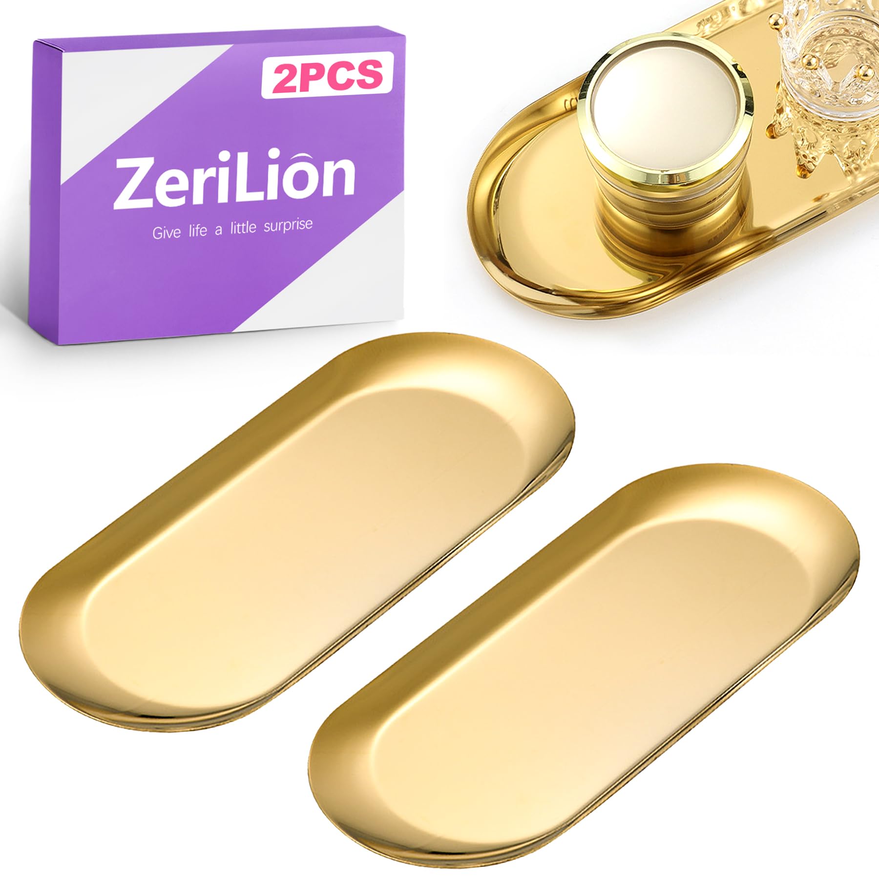 ZeriLion 2 Pack 7-Inch Gold Stainless Steel Oval Vanity Tray Jewelry Dish - Mirror Finish Small Metal Decorative Tray Organizer for Bathroom Bedroom, Gold Dish